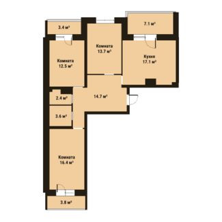 Трёхкомнатная квартира 80.4 м²