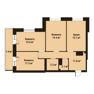 Трёхкомнатная квартира 69.6 м²
