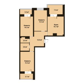 Трёхкомнатная квартира 81.1 м²