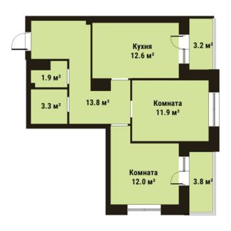 Двухкомнатная квартира 55.5 м²