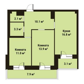 Двухкомнатная квартира 57.2 м²