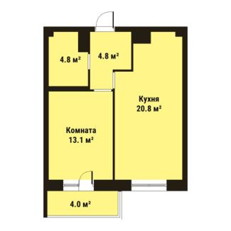 Однокомнатная квартира 43.8 м²