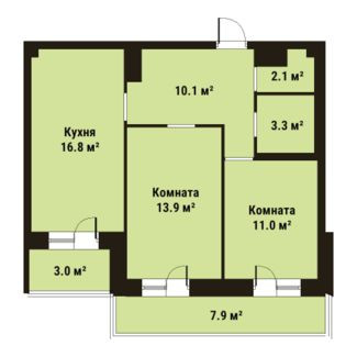 Двухкомнатная квартира 57.2 м²