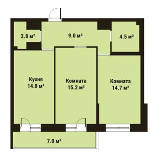 Двухкомнатная квартира 61 м²