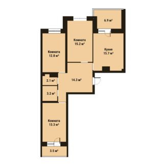 Трёхкомнатная квартира 76.6 м²