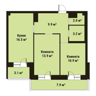 Двухкомнатная квартира 56.4 м²