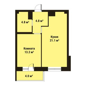 Однокомнатная квартира 43.9 м²