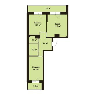 Двухкомнатная квартира 59.8 м²