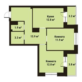 Двухкомнатная квартира 55.8 м²