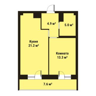 Однокомнатная квартира 44.4 м²