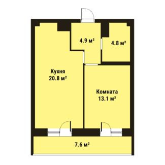 Однокомнатная квартира 43.7 м²