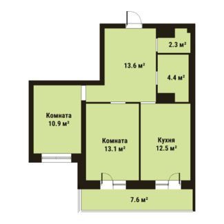 Двухкомнатная квартира 56.8 м²