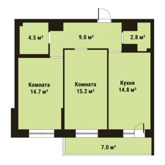 Двухкомнатная квартира 61 м²