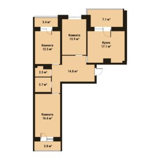 Трёхкомнатная квартира 81.1 м²