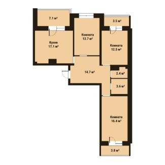 Трёхкомнатная квартира 80.4 м²