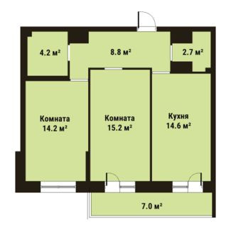 Двухкомнатная квартира 59.7 м²