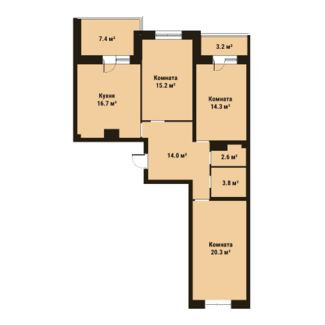 Трёхкомнатная квартира 86.9 м²