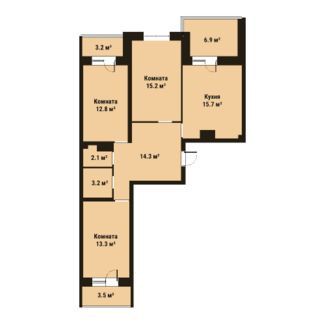 Трёхкомнатная квартира 76.6 м²
