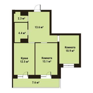 Двухкомнатная квартира 56.8 м²
