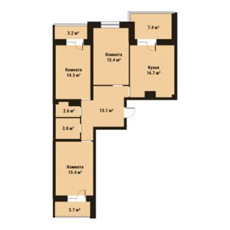 Трёхкомнатная квартира 81.3 м²