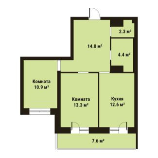 Двухкомнатная квартира 57.5 м²
