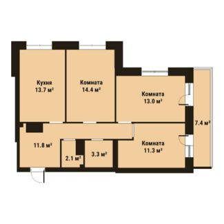 Трёхкомнатная квартира 69.6 м²