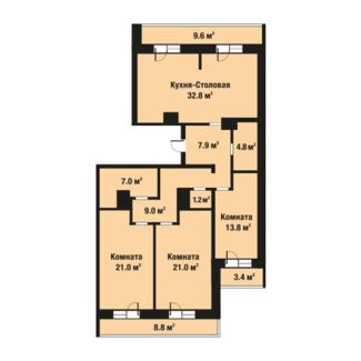 Трёхкомнатная квартира 118.5 м²